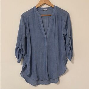 Lush Light Blue V-Neck Roll-Tab Sleeve Tunic